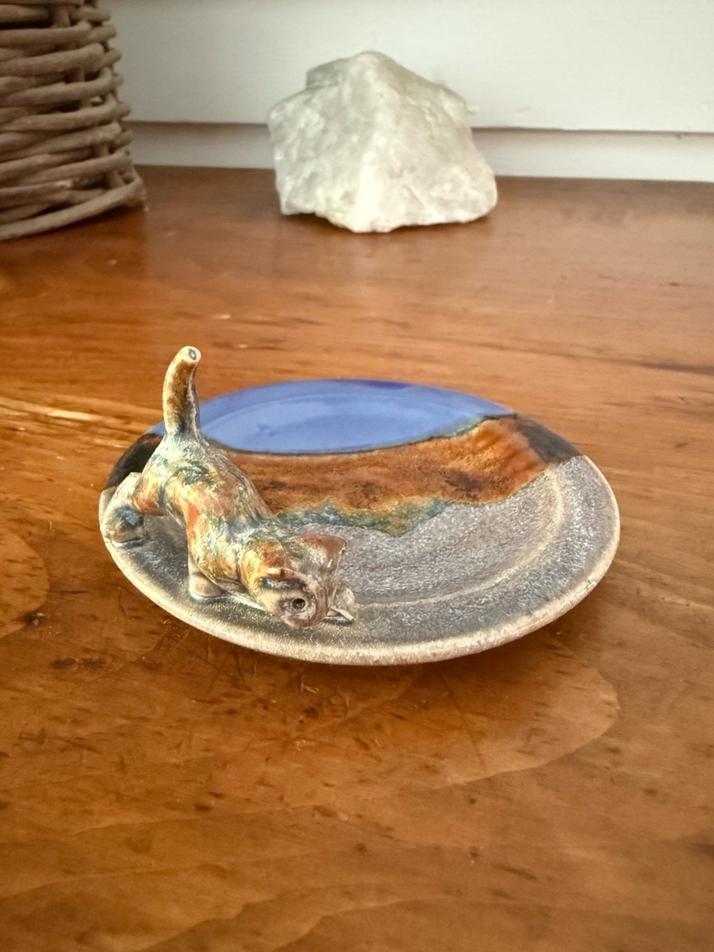 Handmade Pottery Cat Blue Trinket Ring Dish